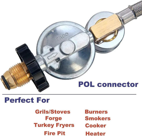 Propane regulator with stainless braided hose and POL connector for propane tanks to fire pits