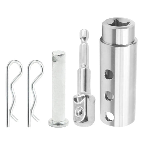 Sweat Free Trailer Jack Drill Adapter With Half Inch Socket Bit For One Inch Drive Shafts and accessories including pins.