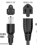 Two Foot Extension Power Cord NEMA 5 15P To NEMA 5 15R Three Prong 16 AWG Heavy Duty Black AC Cable with safety compliance logos