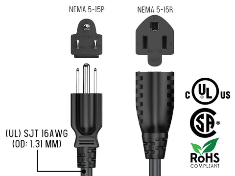 Two Foot Extension Power Cord NEMA 5 15P To NEMA 5 15R Three Prong 16 AWG Heavy Duty Black AC Cable with safety compliance logos