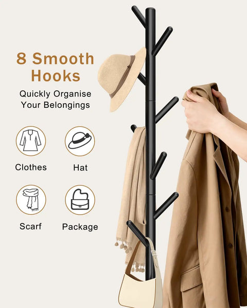 Solid Beech Wood Coat Rack Tree With Eight Hooks And Three Adjustable Heights For Bedroom Hallway Entry And Office Black Finish