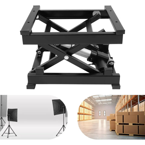 Sturdy Electric Scissor Lift Table With Remote And Manual Control Holds 130 Lbs, black hydraulic platform for warehouse and garage use.