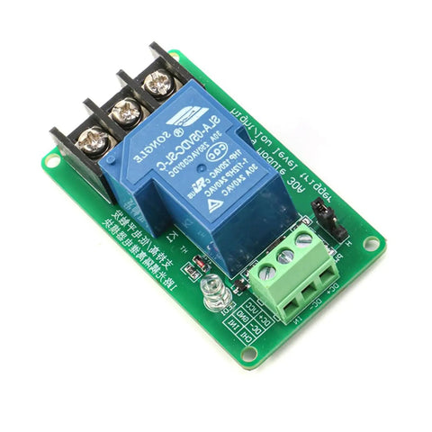 Heavy Duty 5V 30A Single Channel Relay Module With Optocoupler Isolation And High Low Level Trigger For Industrial Control Applications Handles AC 250V 30A Or DC 30V 30A Loads And Delivers 100000 Plus Switching Cycles, shown on a green circuit board with connectors and screws on top view