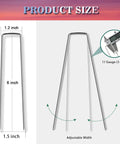 Diagram showing Heavy Duty 6 Inch Landscape Staples 11 Gauge Galvanized Garden Stakes dimensions and adjustable width.
