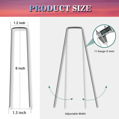 Diagram showing Heavy Duty 6 Inch Landscape Staples 11 Gauge Galvanized Garden Stakes dimensions and adjustable width.