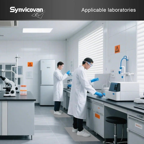 Laboratory scene with two scientists wearing lab coats and gloves using equipment, highlighting Heavy Duty Sticky Floor Roll Tape.