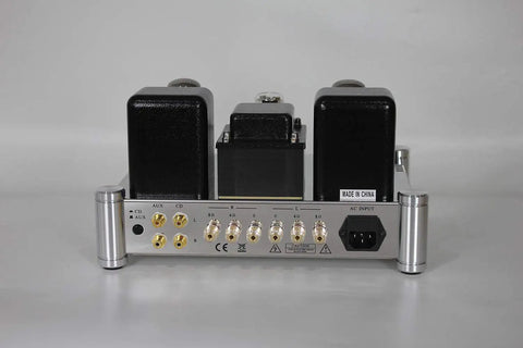 Back view of A12 EL34 12AX7 ECC83 Tube Amplifier For Hi Fi Stereo, Class A Single Ended Tube Amp, input and output ports visible.