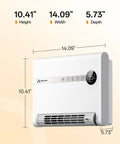Wall Mounted Space Heater For Bedroom Or Office, 1500W PTC Fast Heating, dimensions indicated, with display and vents