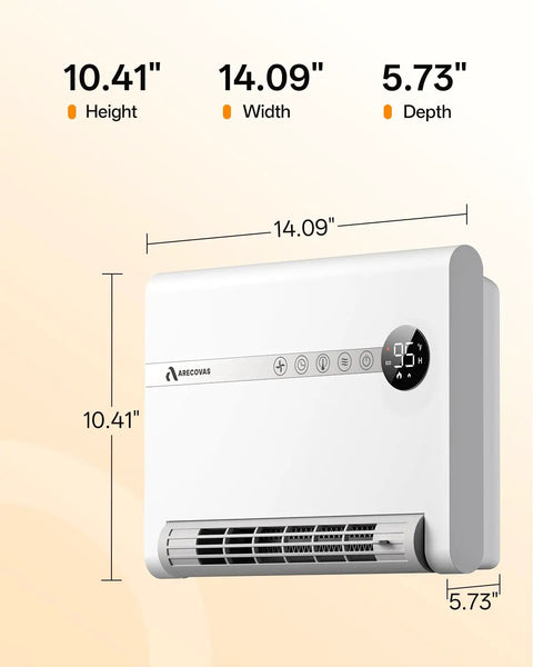 Wall Mounted Space Heater For Bedroom Or Office, 1500W PTC Fast Heating, dimensions indicated, with display and vents