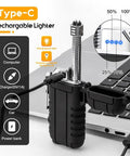 Dual Arc USB Rechargeable Plasma Lighter With LED Battery Indicator charging via laptop, close-up on LED lights
