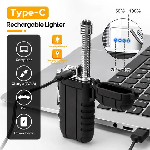 Dual Arc USB Rechargeable Plasma Lighter With LED Battery Indicator charging via laptop, close-up on LED lights
