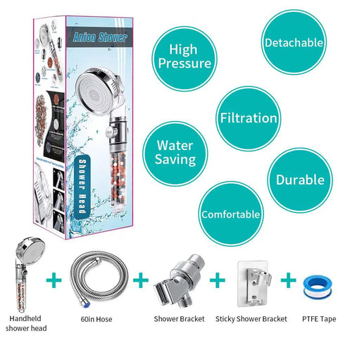 Kickin High Pressure Shower Head With Handheld And Filter For Hard Water Detachable Water Saving Design Includes Hose and Holder
