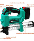 Cordless Grease Gun Kit With Variable Speed And 21V Max Liion Battery showing components and ergonomic grip