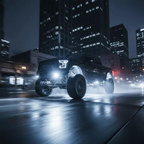 Truck with 12 Pod White Rock LED Underglow Lights Kit 6000K Pure White IP68 Waterproof speeding on wet city street at night.