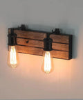 Farmhouse Style Rustic Wood And Oil Rubbed Metal Vanity Light Wall Sconce with Adjustable Sockets over mirror in cozy bathroom decor