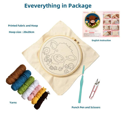 Beginner Punch Needle Kit With 20x20cm Hoop Cute Highland Cow And Daisy Design Complete Embroidery Starter Set contents overview