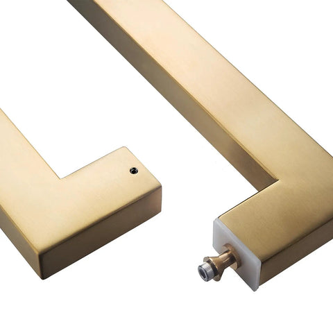 Heavy Duty Push Pull Door Handle In Stainless Steel 304 With Satin Gold Finish, 450mm 18 Inches Square Rectangle Mount For Solid Wood Timber Glass And Metal Doors, 1.2mm Wall Thickness, Boss Grade Build. Satin gold square pull handle close-up