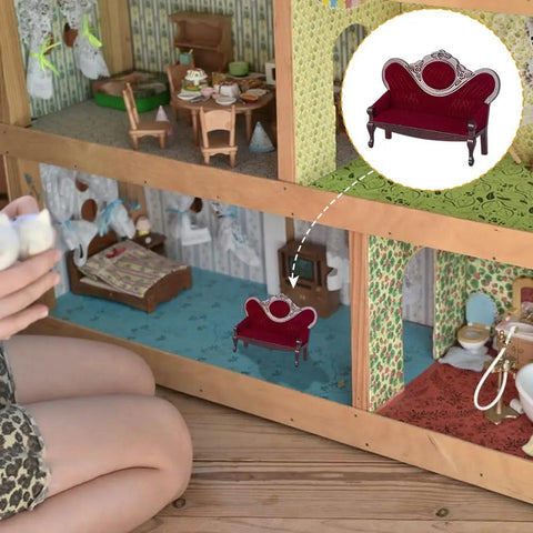 1:12 Scale Dollhouse Furniture Set Vintage Red Wooden Carved Sofa Bench And Armchairs For Living Room Decor Miniature