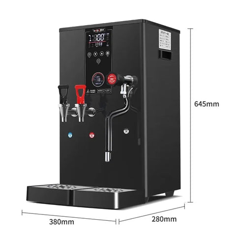 Top Shelf Electric Coffee Frothing Machine And Automatic Milk Steamer Built With Heavy Duty Stainless Steel For Pro Level Smooth Foam And Barista Grade Shots In Matte Black front view with digital display and faucet.