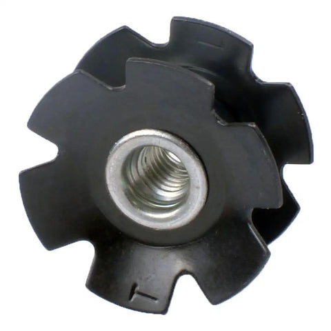 Close-up of one black steel star nut for bike fork, part of Pack Of 5 Black Steel Headset Star Nuts For One And One Eighth Inch Forks
