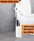 Free Standing Toilet Paper Holder for Bathroom Made From SUS 304 Stainless Steel With Brushed Finish next to toilet