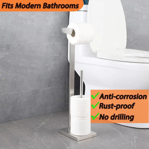 Free Standing Toilet Paper Holder for Bathroom Made From SUS 304 Stainless Steel With Brushed Finish next to toilet