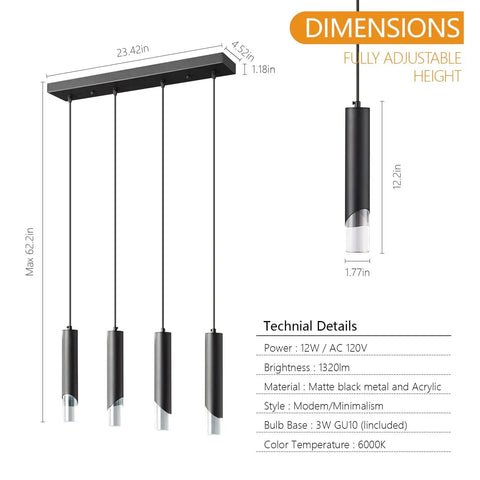 Cool Three Light Modern Pendant Light Fixture For Kitchen Island With Dimmable LED Black Minimalist Hanging Lights Diagram