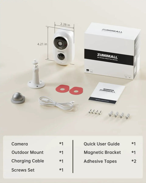 Contents of Wireless Outdoor Security Cameras With Magnetic Mount No Drill Installation, including camera and accessories.