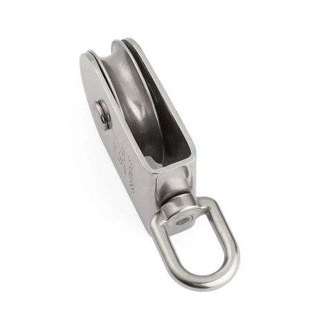 M75 Lifting Single Swivel Pulley Block for heavy duty hoisting, stainless steel, 1322 lb load capacity, 75mm sheave, swivel eye.