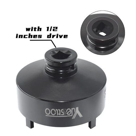Close-up of 1/2 inch drive socket from 13 Piece Spindle Nut Socket Kit For Ball Joints And Axle Locknuts With 4 Teeth Exterior Half Inch Drive