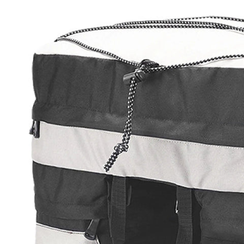 Close-up of black and white 60L Bike Trunk Bag with Rain Cover for Mountain Bikes, showcasing strap and material details.
