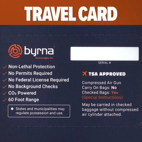 Travel card for Top Shelf Non Lethal Kinetic Launcher Setup, features TSA approval and key usage instructions.