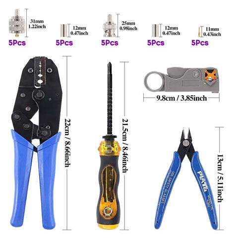 Pro Grade Coaxial Cable Tool Kit 14 Piece With Ratcheting Crimp Pliers, Cable Stripper, and connectors for RG cables displayed.