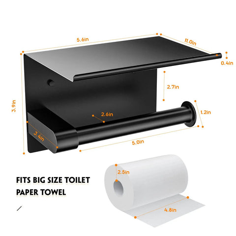 Black Toilet Paper Holder With Shelf And Phone Shelf Self Adhesive No Drill Wall Mount Stainless Steel with dimensions