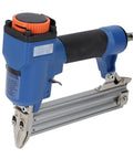 Real Deal 18 Gauge Pneumatic Brad Naler For Serious Carpentry And Upholstery Jobs Air Powered Naling Tool Built Different For 3 8 To 1 3 16 Inch Fasteners With Zero Jam Trigger close-up view of nailer with ergonomic grip and adjustable air pressure.