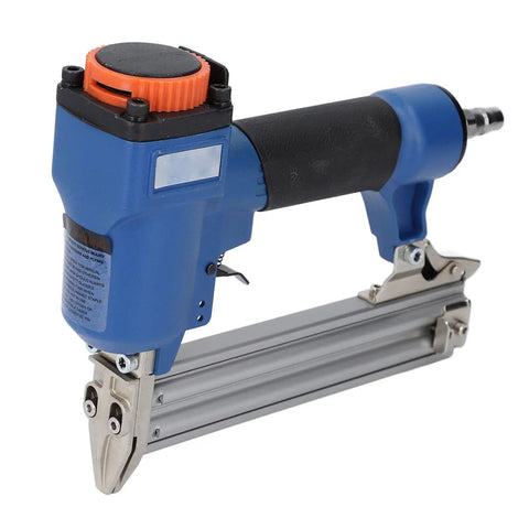 Real Deal 18 Gauge Pneumatic Brad Naler For Serious Carpentry And Upholstery Jobs Air Powered Naling Tool Built Different For 3 8 To 1 3 16 Inch Fasteners With Zero Jam Trigger close-up view of nailer with ergonomic grip and adjustable air pressure.