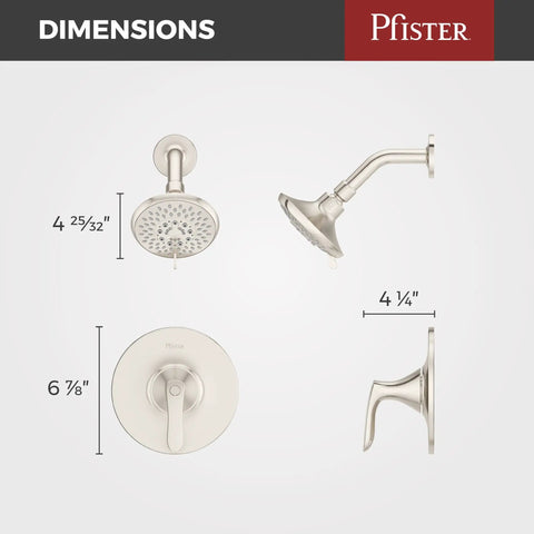 Weller Single Handle Shower Trim Kit with Dope Multi Function Shower Head dimensions and brushed nickel finish