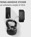 Heavy Duty Refrigerator And Cabinet Locks No Drill Adhesive Child Safety Latches For Kids And Toddlers Durable Abs Build showing strong adhesive sticker with 100 lb kettlebell.