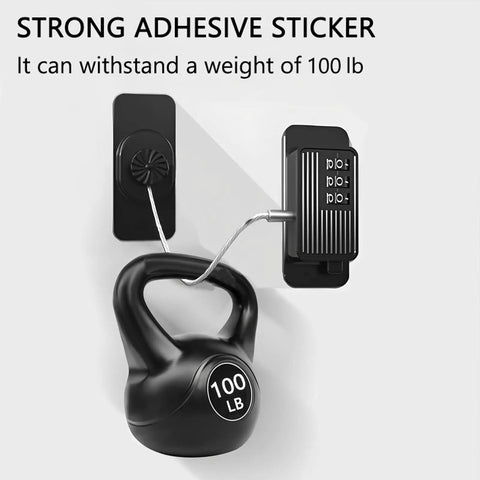 Heavy Duty Refrigerator And Cabinet Locks No Drill Adhesive Child Safety Latches For Kids And Toddlers Durable Abs Build showing strong adhesive sticker with 100 lb kettlebell.