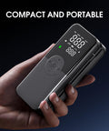 Hand holding Cordless Tire Inflator Portable Air Compressor With Digital Dual Screen Pressure Gauge, compact and portable