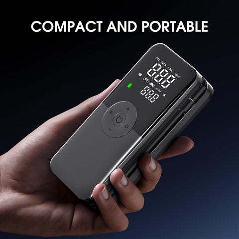 Hand holding Cordless Tire Inflator Portable Air Compressor With Digital Dual Screen Pressure Gauge, compact and portable