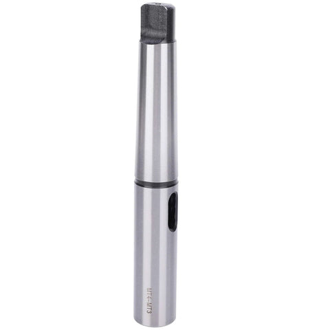 Lengthened taper drill sleeve reducing adapter MT4 MT3, steel, silver finish, front view.