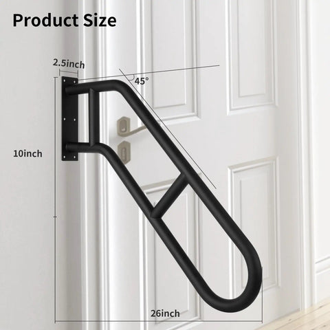 Heavy Duty Wall Mounted Grab Bar For Outdoor Steps No Sweat Assembly Non Slip Safety Railing For Porch Deck Backyard And Garage Safe Handle 26 inch black steel grab bar with measurements on a wall.