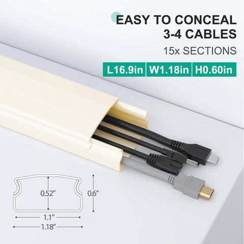 Close-up of beige cord hider with dimensions, holding HDMI and other cables. 254 Inch Cord Hider for Wall Wires and TV Cables Easy Cable Management Hides Wires on a Wall for TV Mounts Ultra Sleek Cord Concealer Kit Durable Wire Covers for Home Theater and Office Setup.