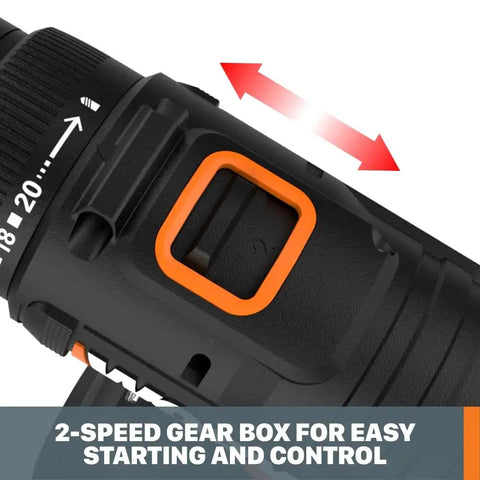 Close-up of 20V Drill Driver Built For Big Jobs With Three Eighths Inch Chuck showing 2-speed gear box for control