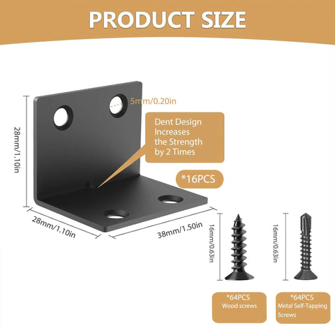 Beefy Heavy Duty L Shaped Corner Brackets Kit with 64 screws, showing L bracket measurements and dent design for strength.