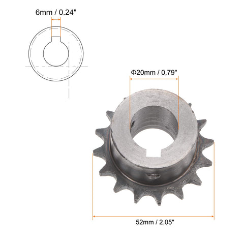 Beefed Up DIN ISO 06B Roller Chain Sprocket, 16 Teeth, Three Eighths Inch Pitch, 20mm Bore, A3 Carbon Steel, dimensions shown