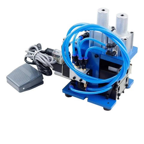 Pro 3F Pneumatic Automatic Wire Stripping Machine For Rapid Cable Peeling Cutting And Twisting with blue tubing and foot pedal.