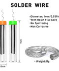 All In One Solder Kit With Tip Cleaner And Holder, 1.0mm Solder Wire 11g rosin flux core shown in two tubes and coiled form