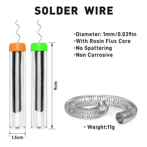 All In One Solder Kit With Tip Cleaner And Holder, 1.0mm Solder Wire 11g rosin flux core shown in two tubes and coiled form